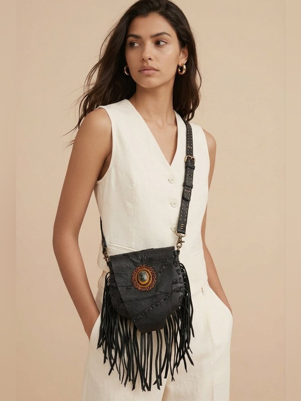 Black Fringe Leather Crossbody Bag with Decorative Centerpiece